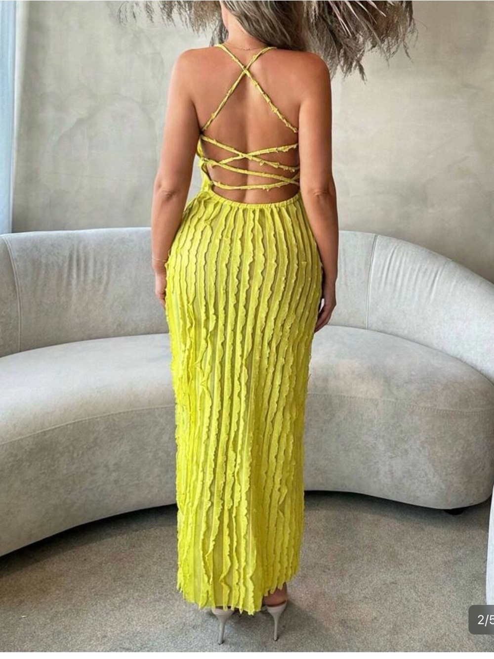 SHEIN Neon Yellow Textured Maxi Dress with Spaghetti Straps - Picture 2 of 8